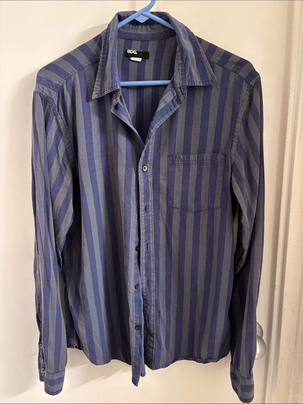BDG Men's Navy and Gray Vertical Stripe Button-Down Shirt